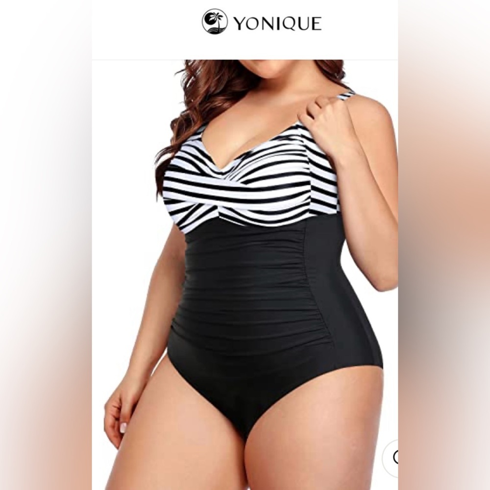 ⛱️Yonique Tummy Control Retro One Piece Swimsuit Black And White Stripe Size 20W
